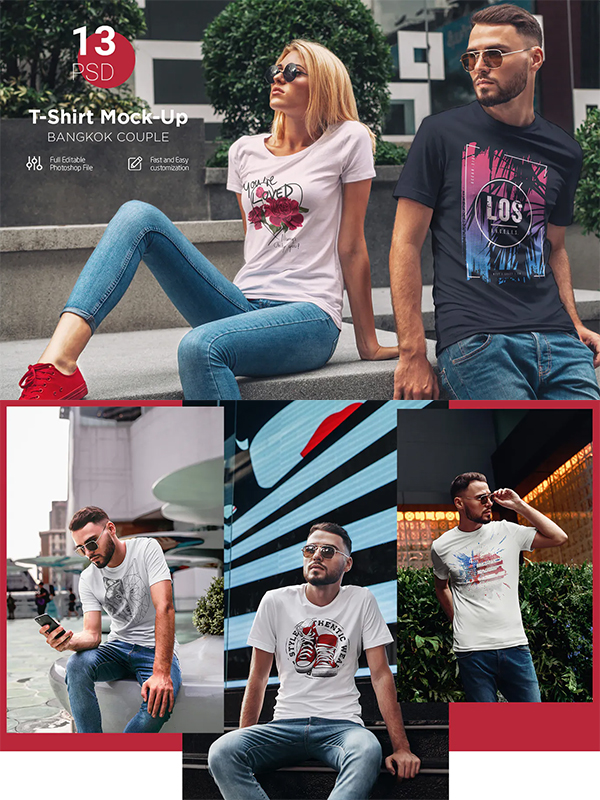 T-shirt Mockup Couple In The City - Free T-Shirt Mockup Templates PSD