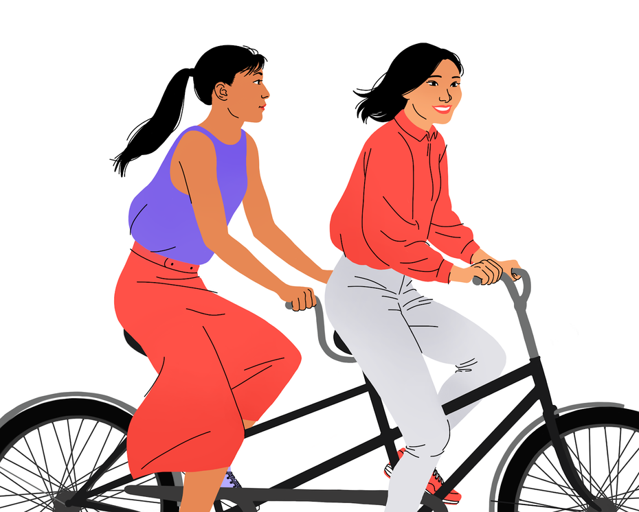 An illustration of two best friends on tandem bikes